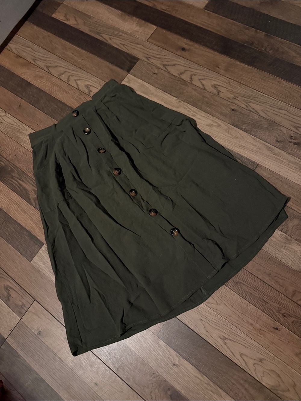 Olive Green Button-Front Midi Skirt